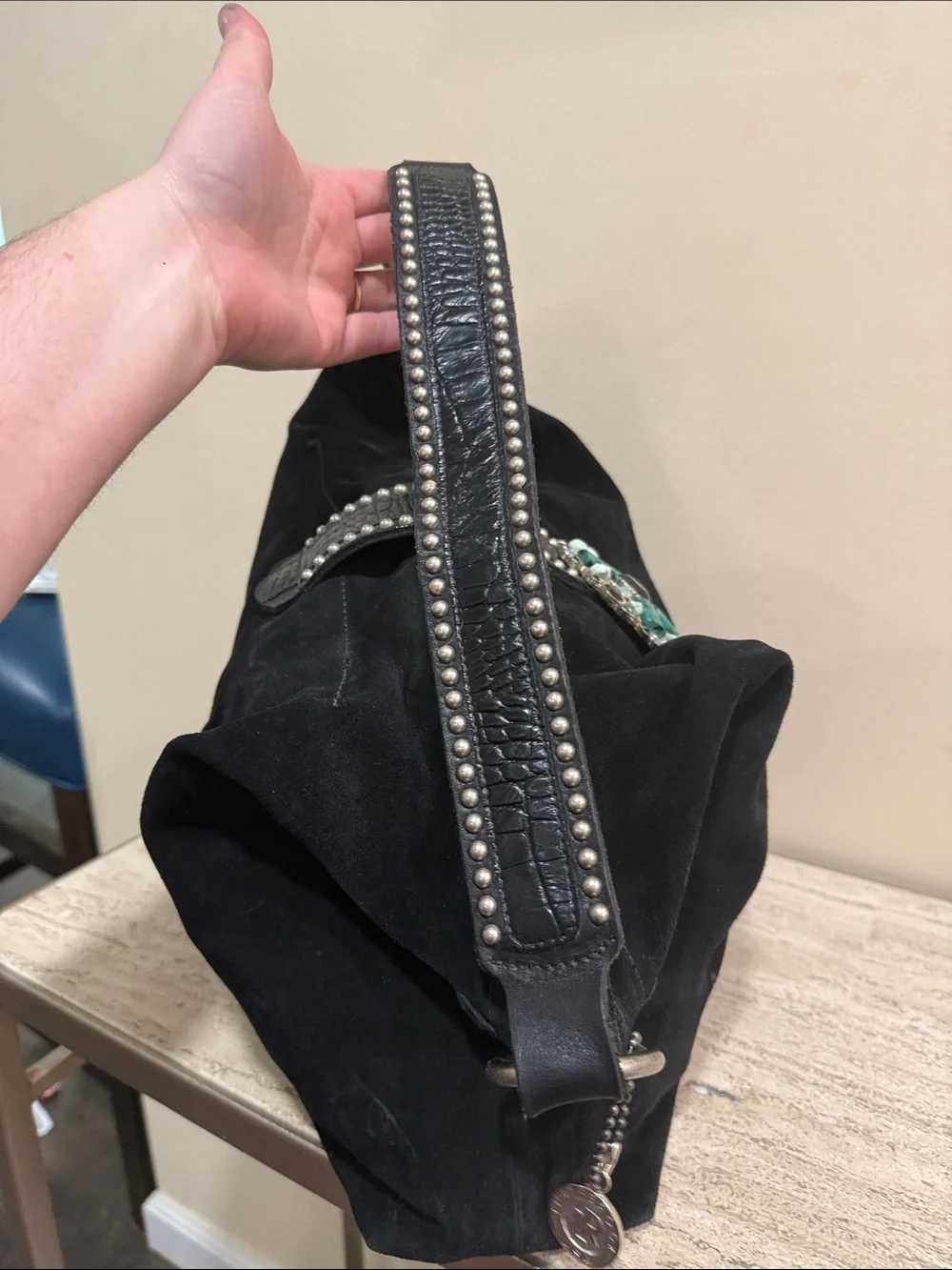 Leatherock Black Suede Hobo with Turquoise Jewel Medallion